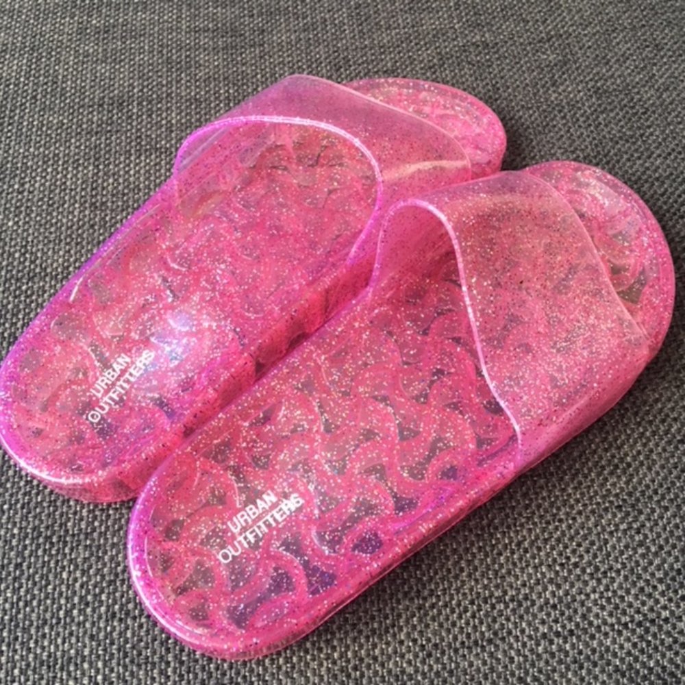 New! Urban Outfitters Jelly Pink Glitter Slides, 7